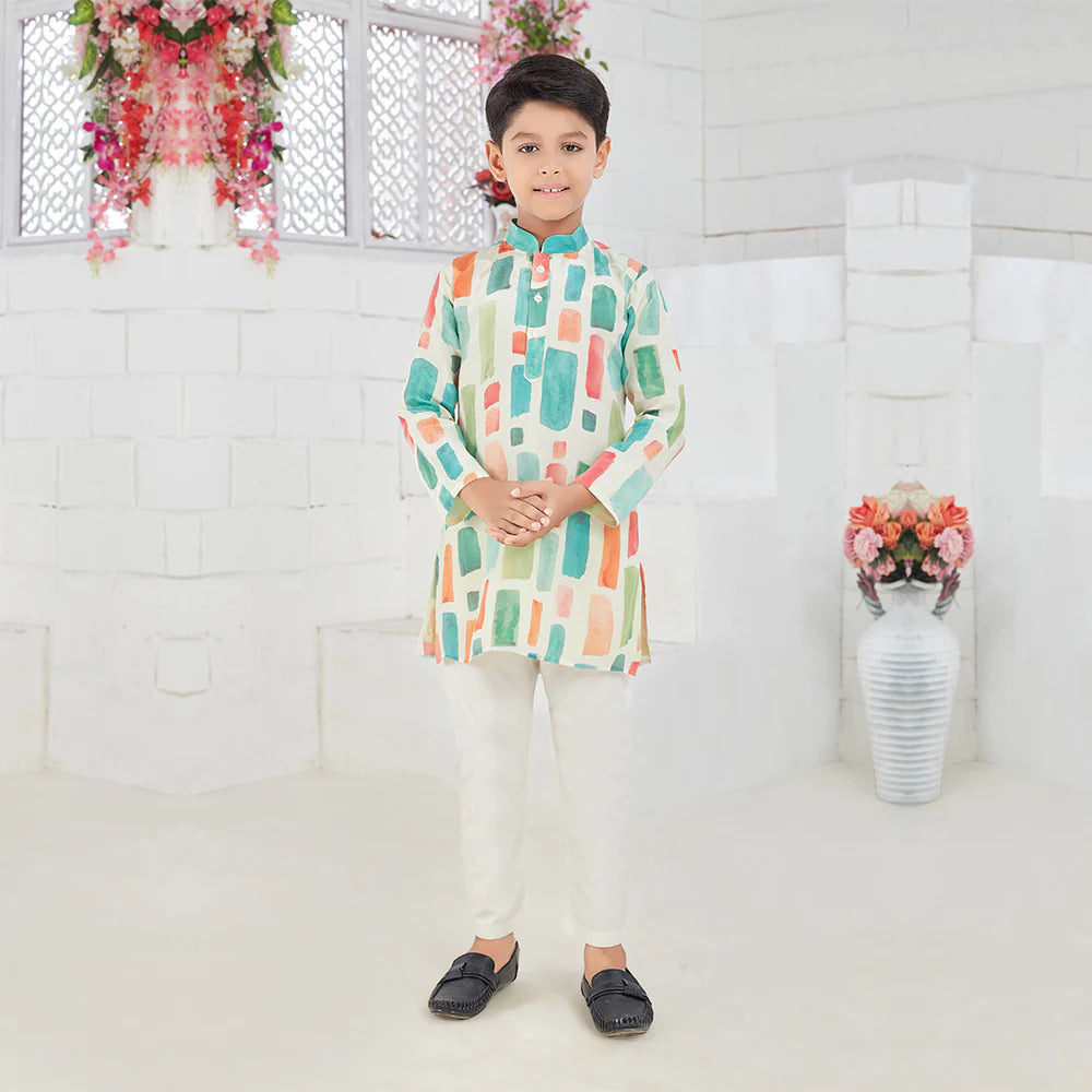 Boys Stunning Patched Elegance with Blue and White Kurta