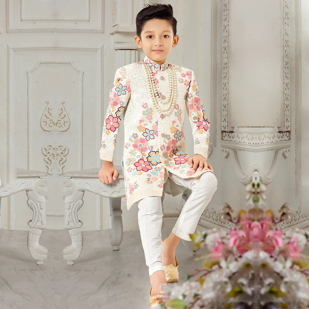 Elegant Floral Off-White Sherwani with Pyjama