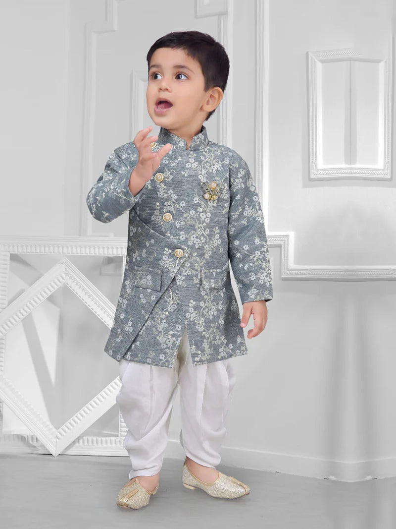 Sophisticated Grey Asymmetric Sherwani Dhoti Set