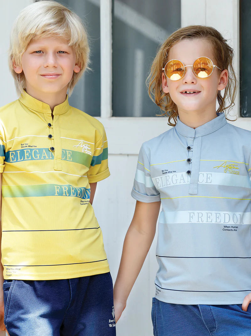 Boys Chinese Collar Combo T-Shirts in Yellow and Grey