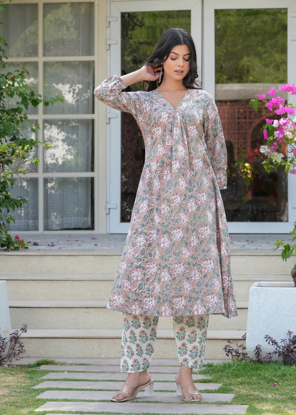 Aqua Floral Hand Blocked A-Line Kurta Set