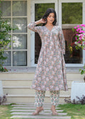Aqua Floral Hand Blocked A-Line Kurta Set