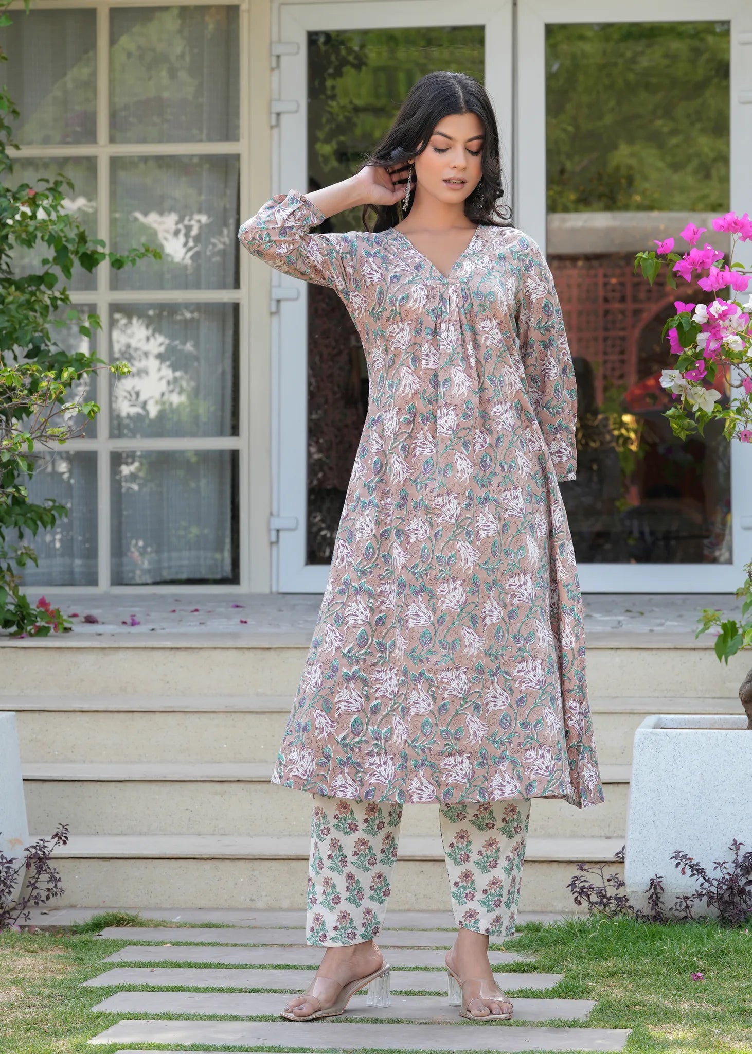 Aqua Floral Hand Blocked A-Line Kurta Set