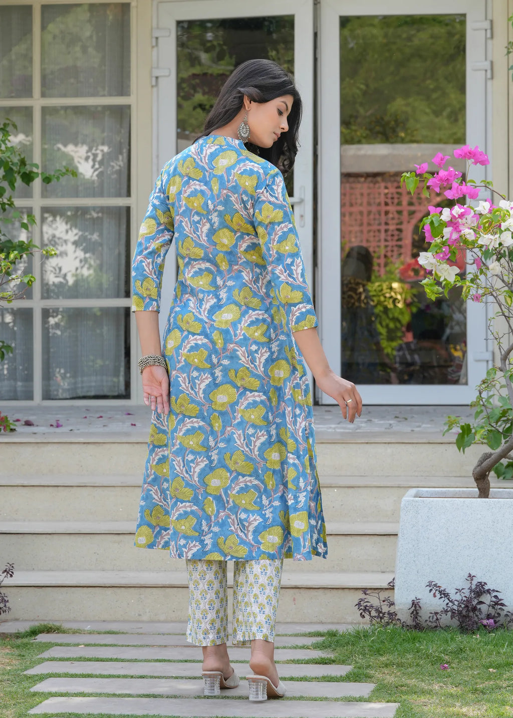 Aqua Floral Hand Blocked A-Line Kurta Set