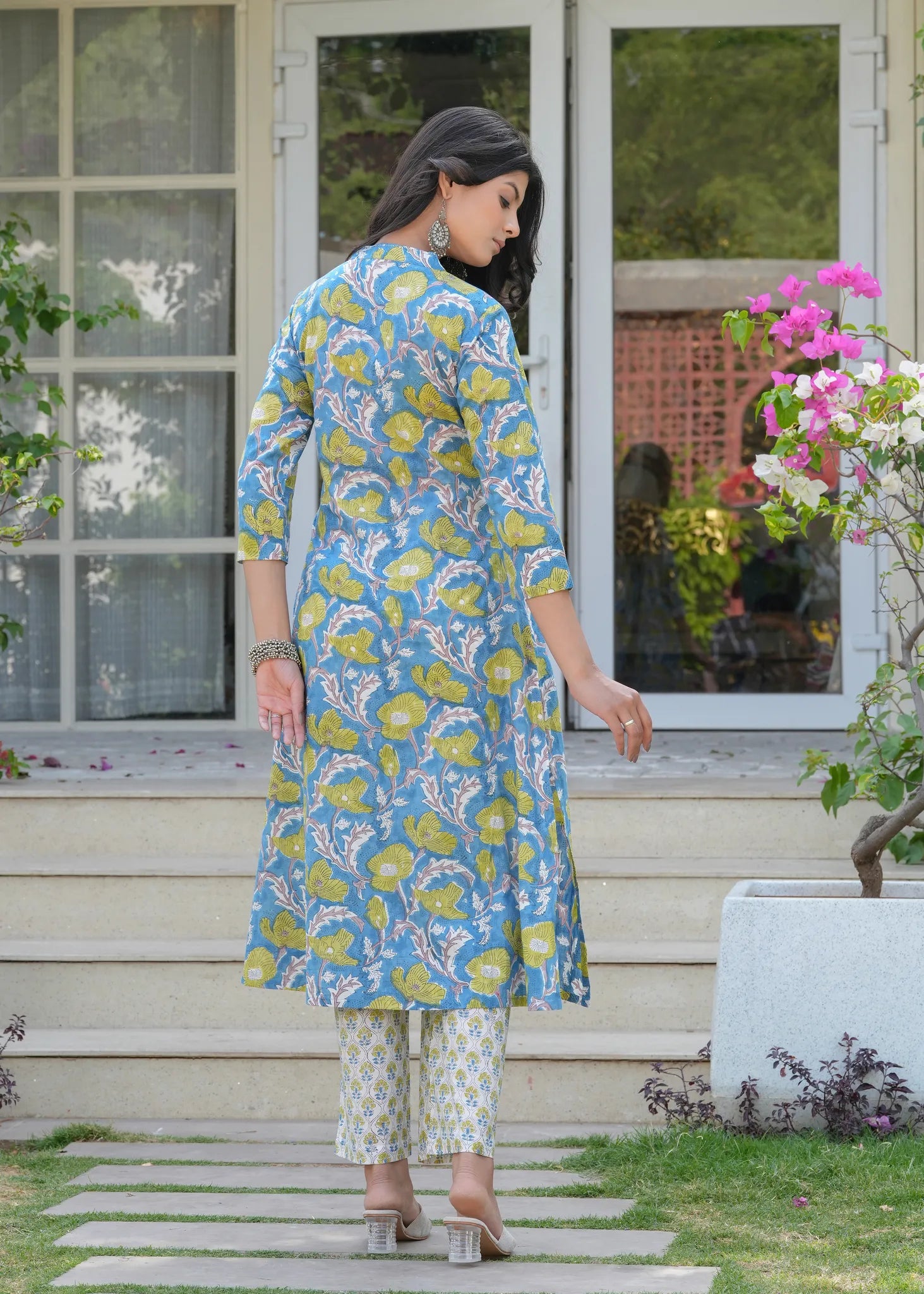 Aqua Floral Hand Blocked A-Line Kurta Set