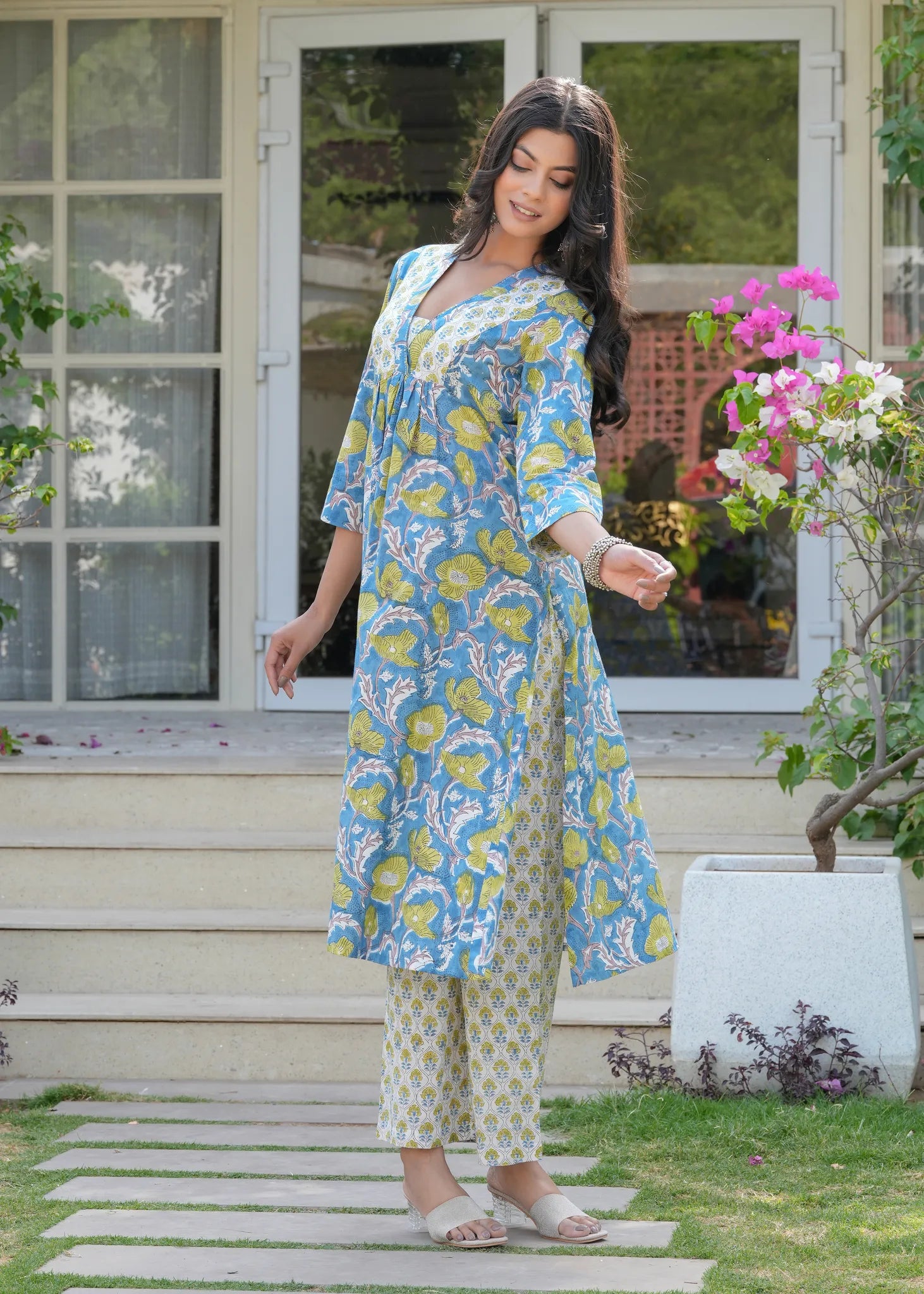 Aqua Floral Hand Blocked A-Line Kurta Set
