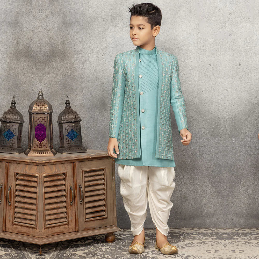 Classic Maroon Kurta Set For Boys With Sequinned Jacket