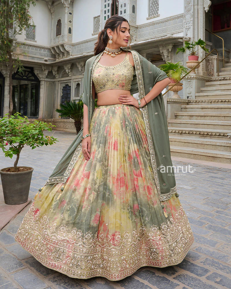 Multi-Color Digital Print Lehenga Choli with Pastel Green Dupatta